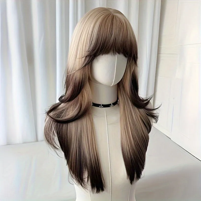 Women's Long Straight Hair Wig with Bangs - High Temperature Fiber, Rose Net Cap, Party Style, Suitable for All People - Gradient Golden to Black