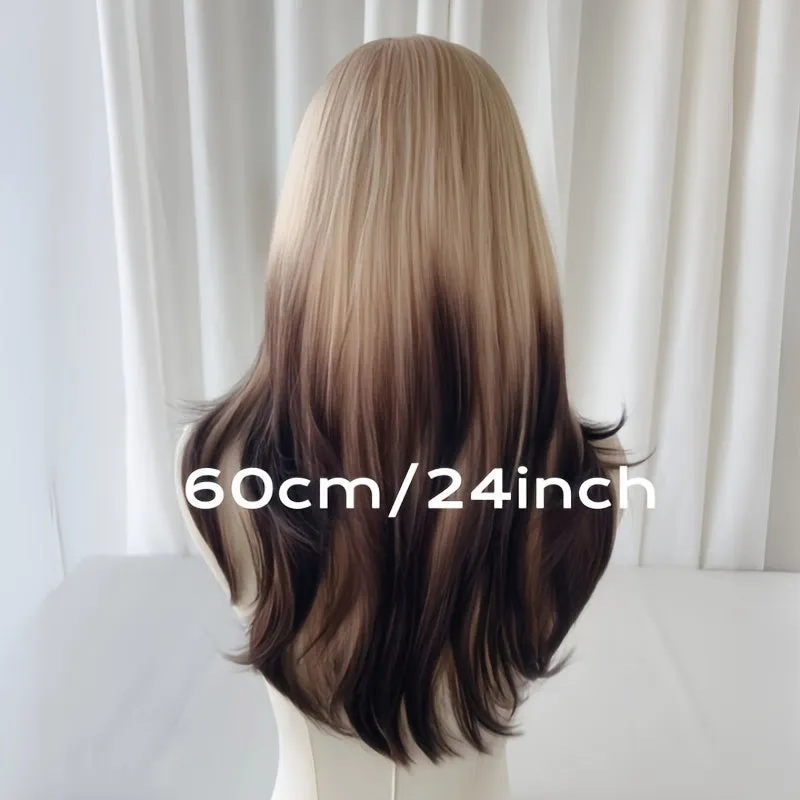 Women's Long Straight Hair Wig with Bangs - High Temperature Fiber, Rose Net Cap, Party Style, Suitable for All People - Gradient Golden to Black