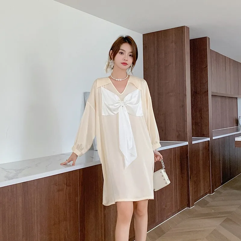 Women's Pajamas Dress Silk Like Leisure Homewear Skirt Turn-down Bow Collar Dress Sleepdress Wear Outside Holiday