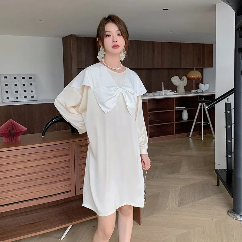 Women's Pajamas Dress Silk Like Leisure Homewear Skirt Turn-down Bow Collar Dress Sleepdress Wear Outside Holiday