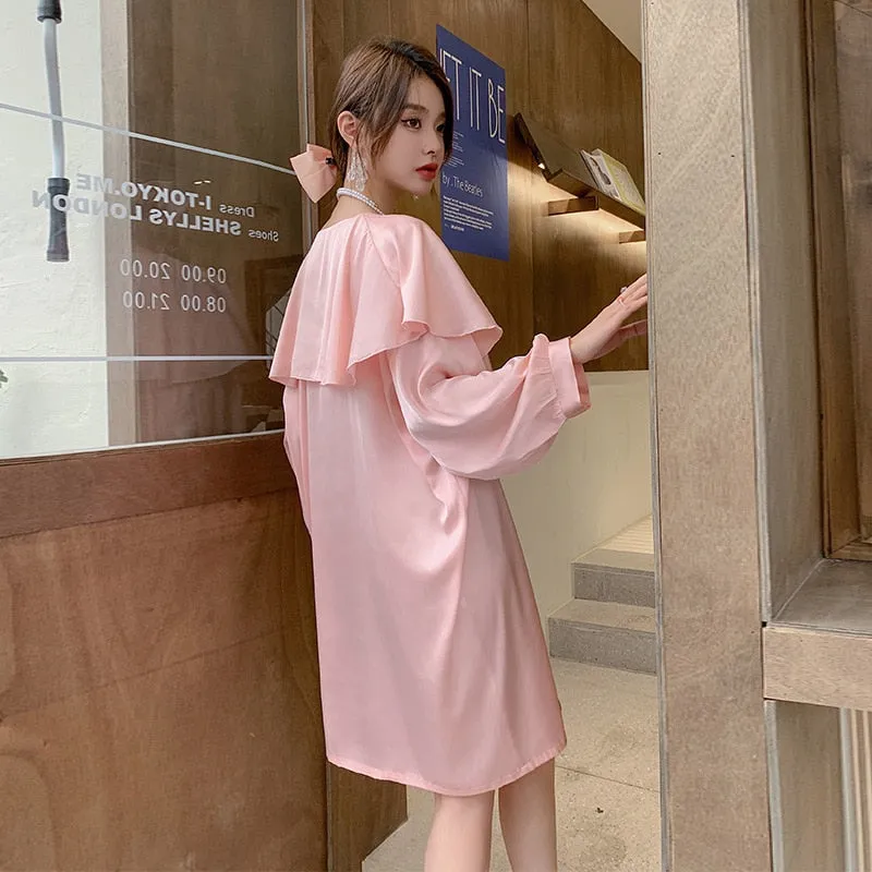 Women's Pajamas Dress Silk Like Leisure Homewear Skirt Turn-down Ruffle Collar Dress Sleepdress Wear Outside Holiday