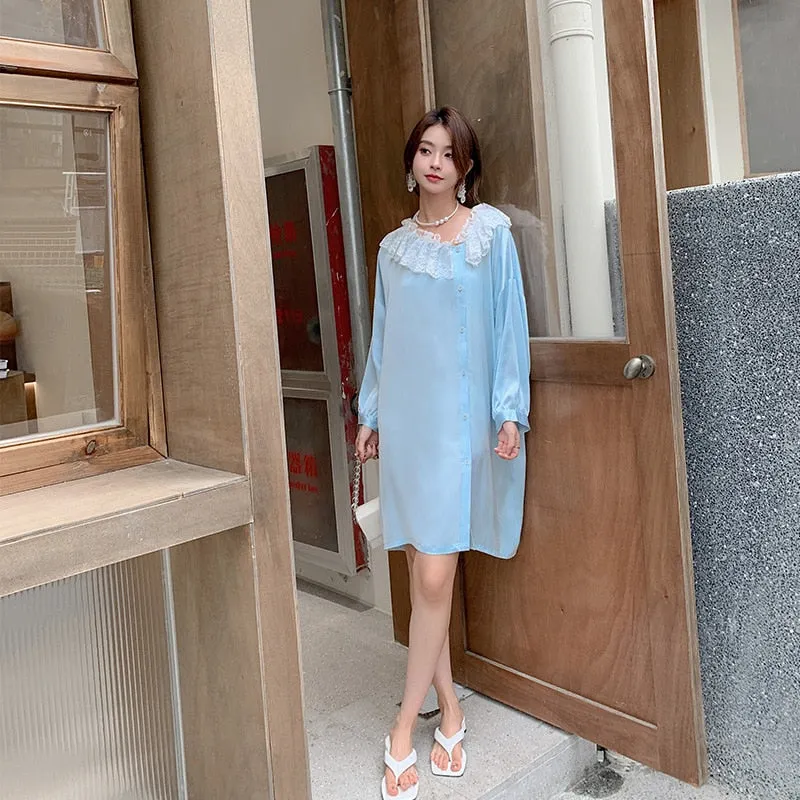 Women's Pajamas Dress Silk Like Leisure Homewear Skirt Turn-down Ruffle Collar Dress Sleepdress Wear Outside Holiday