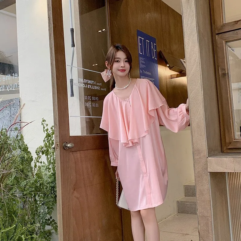 Women's Pajamas Dress Silk Like Leisure Homewear Skirt Turn-down Ruffle Collar Dress Sleepdress Wear Outside Holiday