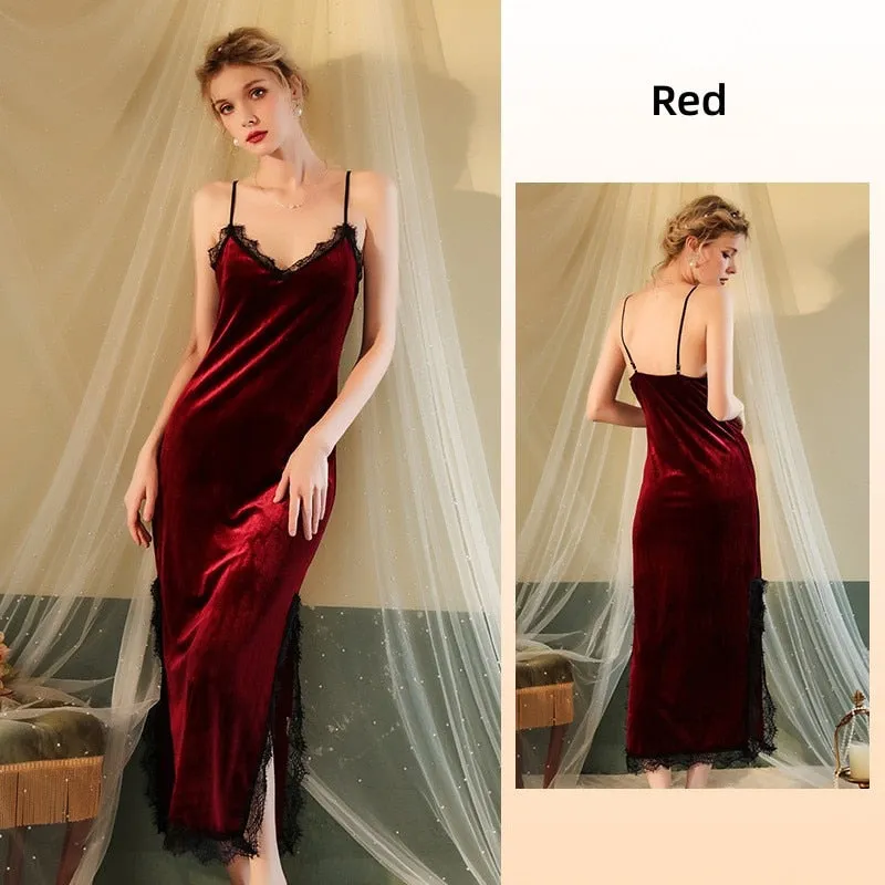 Women's Pajamas Long Sling Dress Sexy Nightgown Elegant Velvet Split Skirt Backless Sleepdress Leisure Outwear Femme