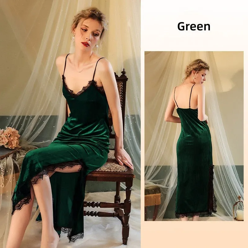 Women's Pajamas Long Sling Dress Sexy Nightgown Elegant Velvet Split Skirt Backless Sleepdress Leisure Outwear Femme