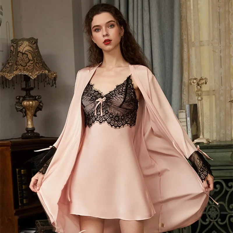 Women's Pajamas Robe Set Sexy Lace Sling Dress Luxury Nightgown Silk Like Homewear Elegant New Sleepdress пижама женская