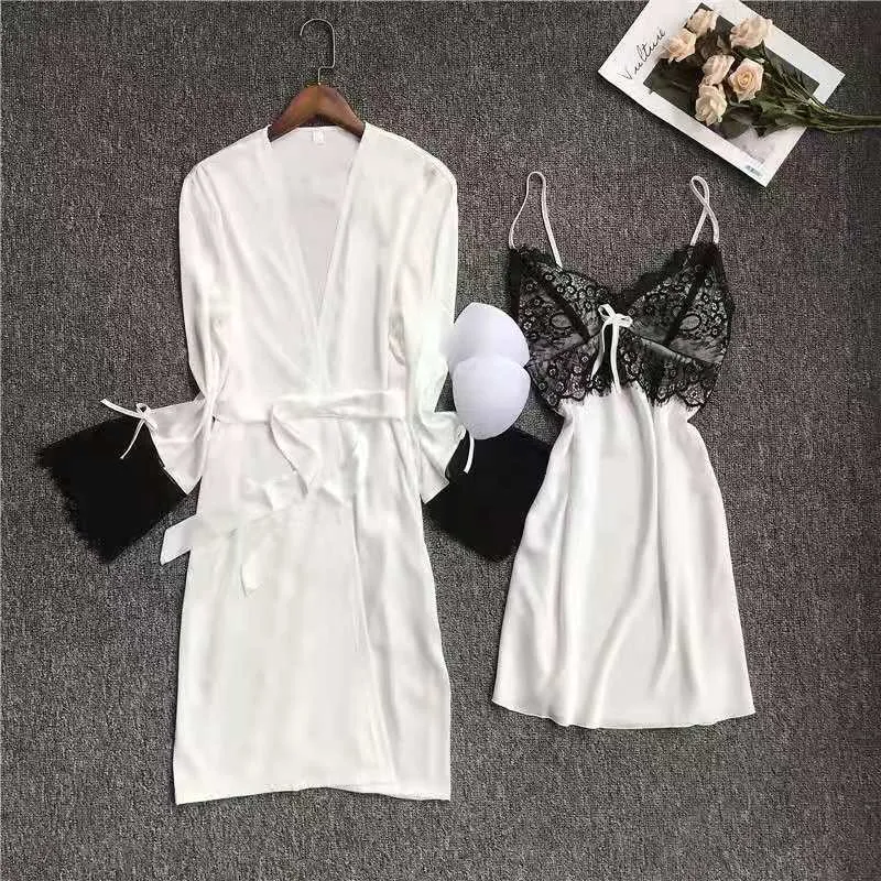 Women's Pajamas Robe Set Sexy Lace Sling Dress Luxury Nightgown Silk Like Homewear Elegant New Sleepdress пижама женская