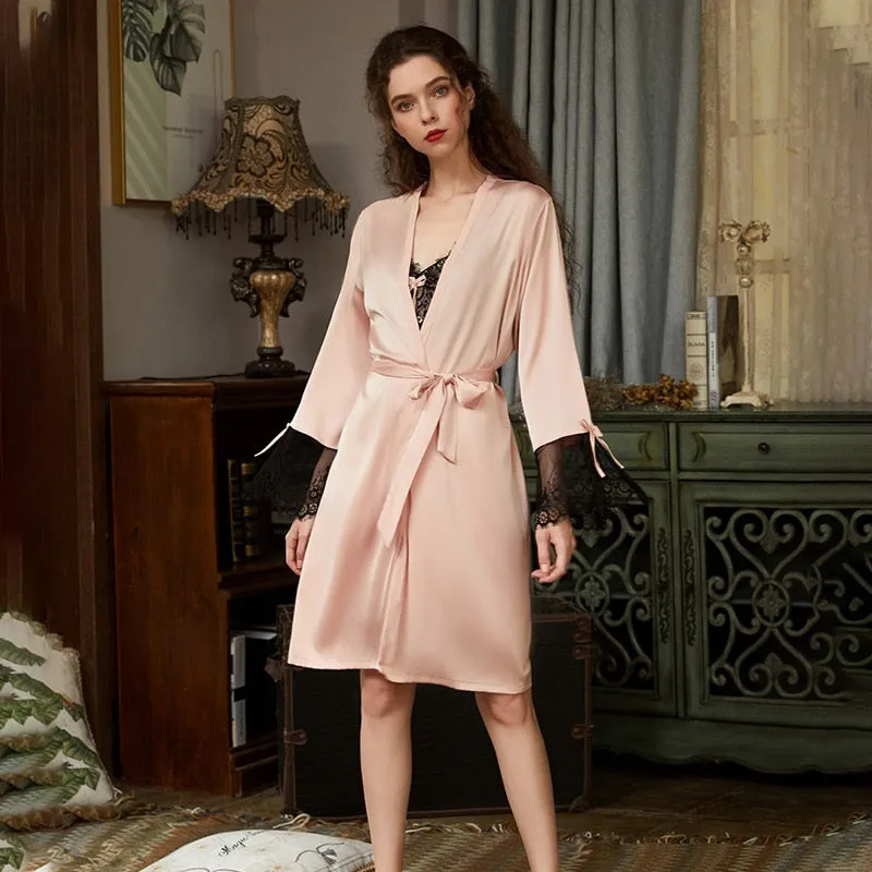 Women's Pajamas Robe Set Sexy Lace Sling Dress Luxury Nightgown Silk Like Homewear Elegant New Sleepdress пижама женская