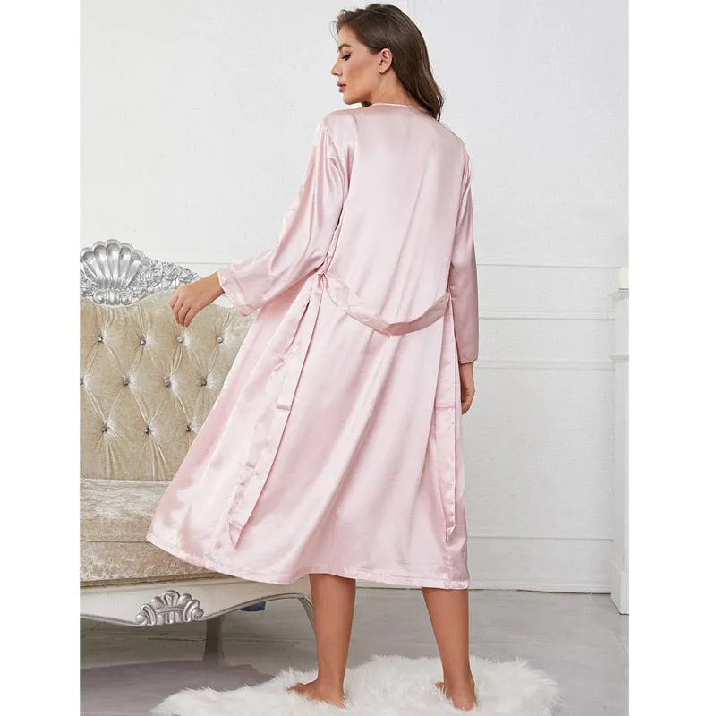 Women's Pajamas Robe Set Tassels Homewear Faux Silk Sleepwear Smooth Long Bathrobe Casual Sling Dress Nightwear Femme