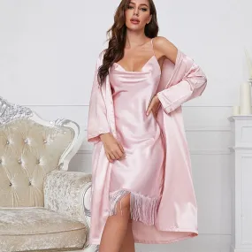 Women's Pajamas Robe Set Tassels Homewear Faux Silk Sleepwear Smooth Long Bathrobe Casual Sling Dress Nightwear Femme