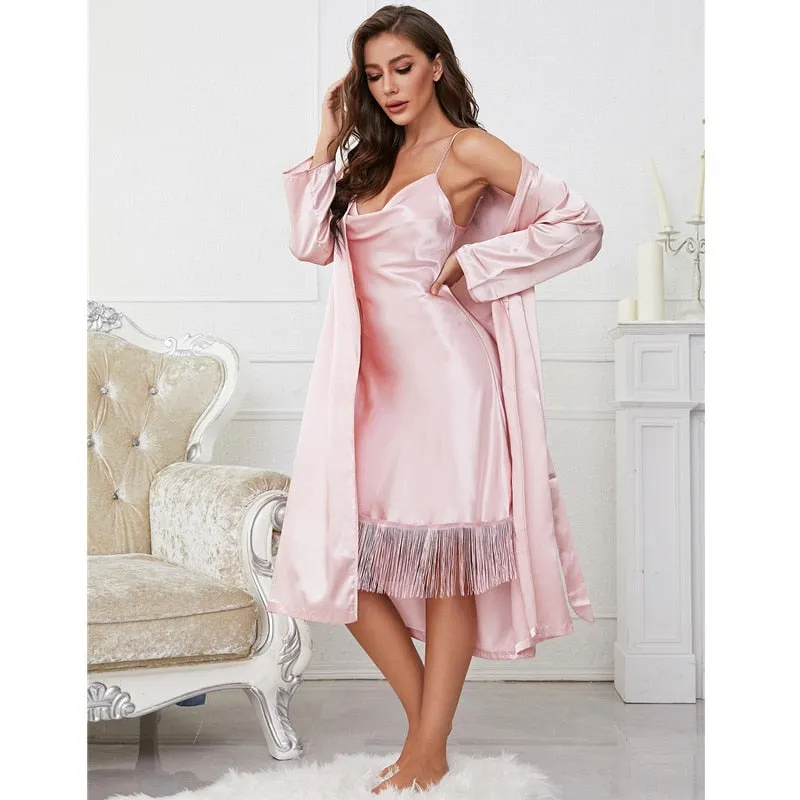 Women's Pajamas Robe Set Tassels Homewear Faux Silk Sleepwear Smooth Long Bathrobe Casual Sling Dress Nightwear Femme