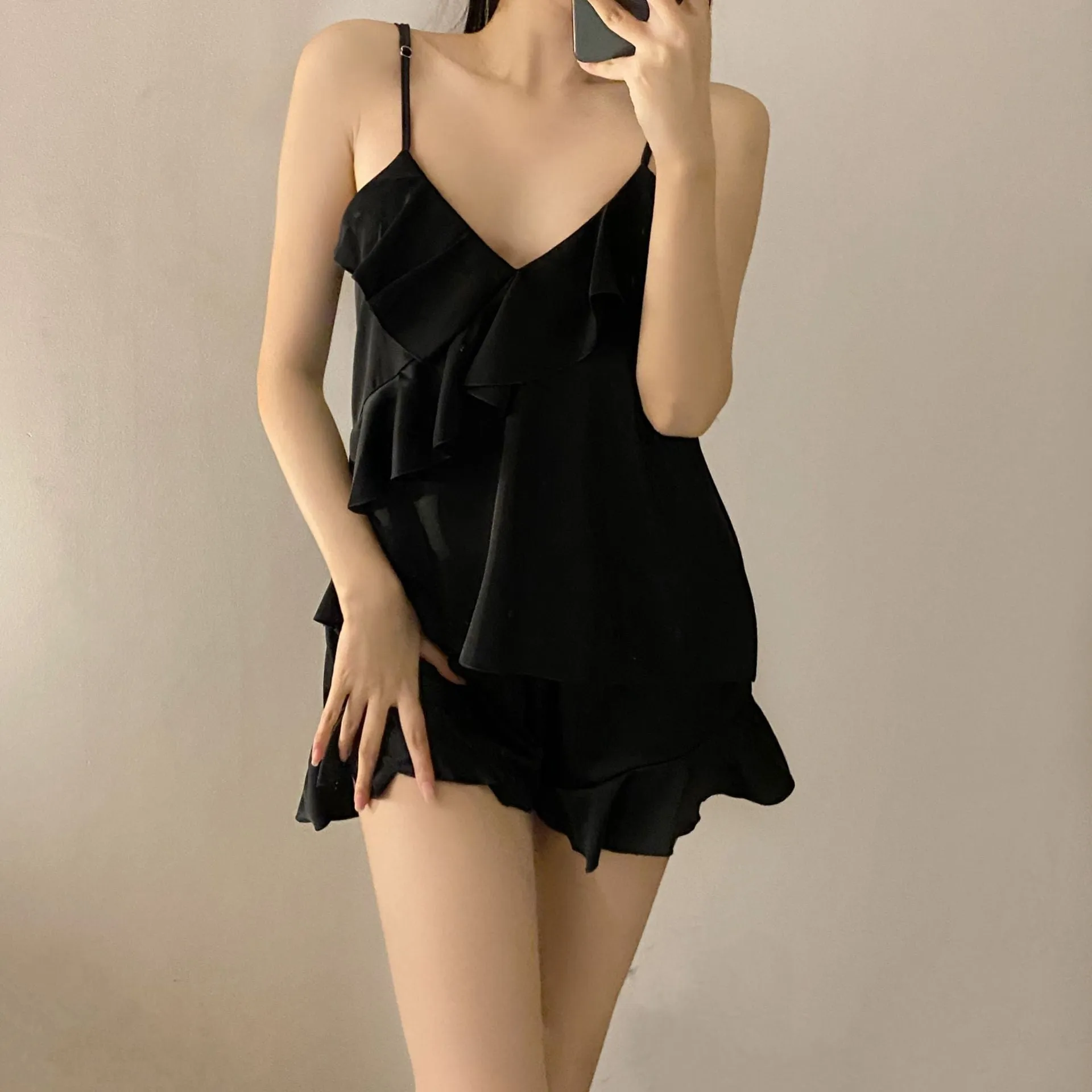 Women's Pajamas Set Sexy Sling Top Ruffle Panel Hem Shorts Silk Like Nightwear Sleepwear Home Clothes Outside Femme