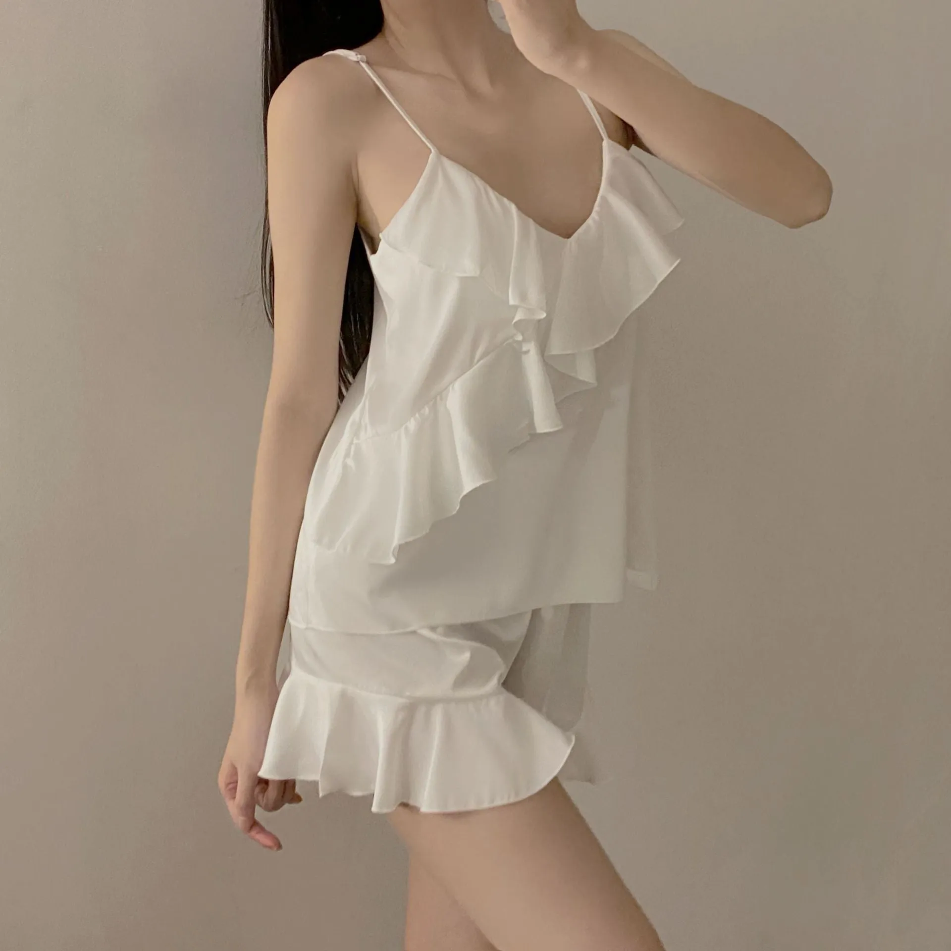 Women's Pajamas Set Sexy Sling Top Ruffle Panel Hem Shorts Silk Like Nightwear Sleepwear Home Clothes Outside Femme