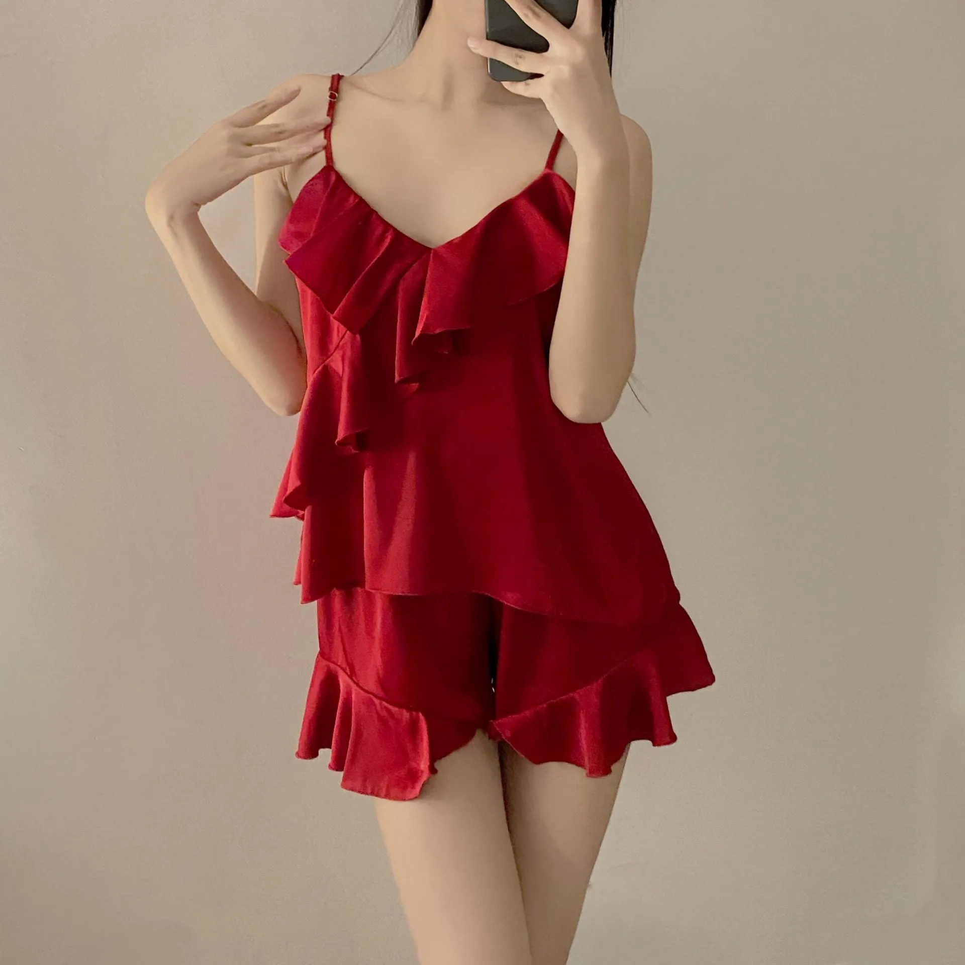 Women's Pajamas Set Sexy Sling Top Ruffle Panel Hem Shorts Silk Like Nightwear Sleepwear Home Clothes Outside Femme