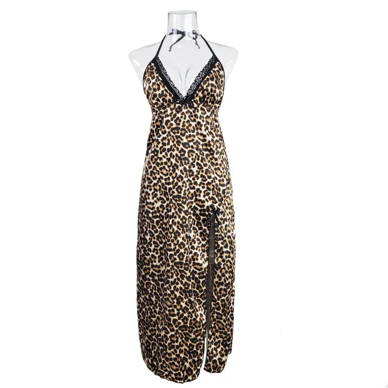 Women's Pajamas Sexy Deep V Leopard Slit Sleepdress Faux Silk Leisure Lace Sling Long Dress Homewear Nightwear Femme