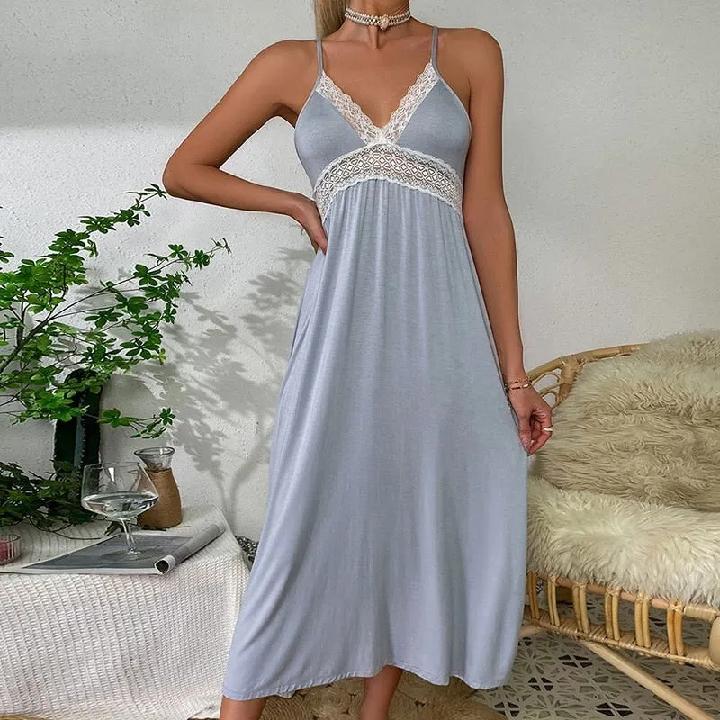 Women's Pajamas Sexy Deep V Sleepdress Soft Modal Leisure Vacation Dress Sling Long Beach Dress Homewear Nightwear Femme