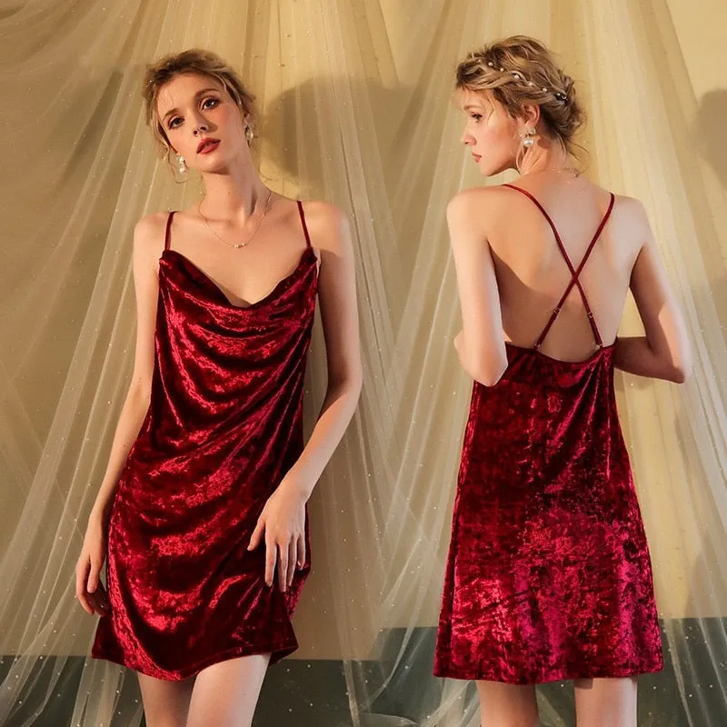 Women's Pajamas Sling Dress Swing Collar Sexy Nightgown Elegant Velvet Split Skirt Backless Sleepdress Leisure Outwear