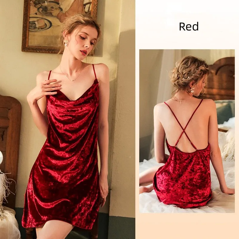 Women's Pajamas Sling Dress Swing Collar Sexy Nightgown Elegant Velvet Split Skirt Backless Sleepdress Leisure Outwear