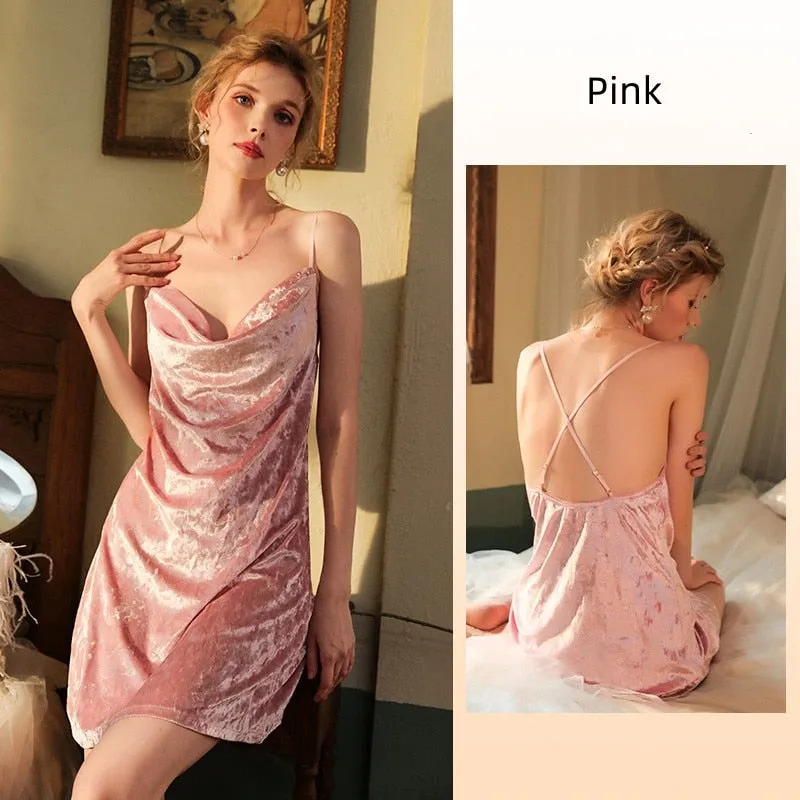 Women's Pajamas Sling Dress Swing Collar Sexy Nightgown Elegant Velvet Split Skirt Backless Sleepdress Leisure Outwear