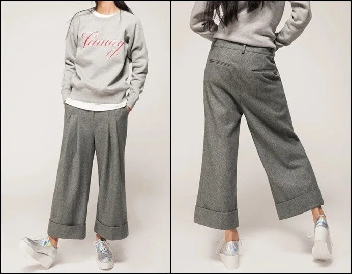 Women's Wide Leg Pants Wool Culottes Woolen Trouser