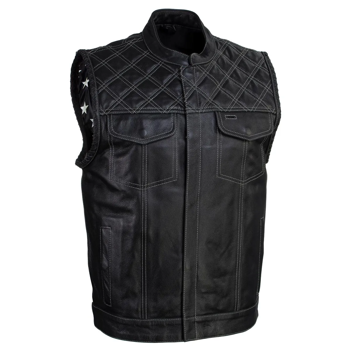 Xelement Men's Black Leather Motorcycle Vest Stars and Stripes Design with USA Flag Liner XS13003