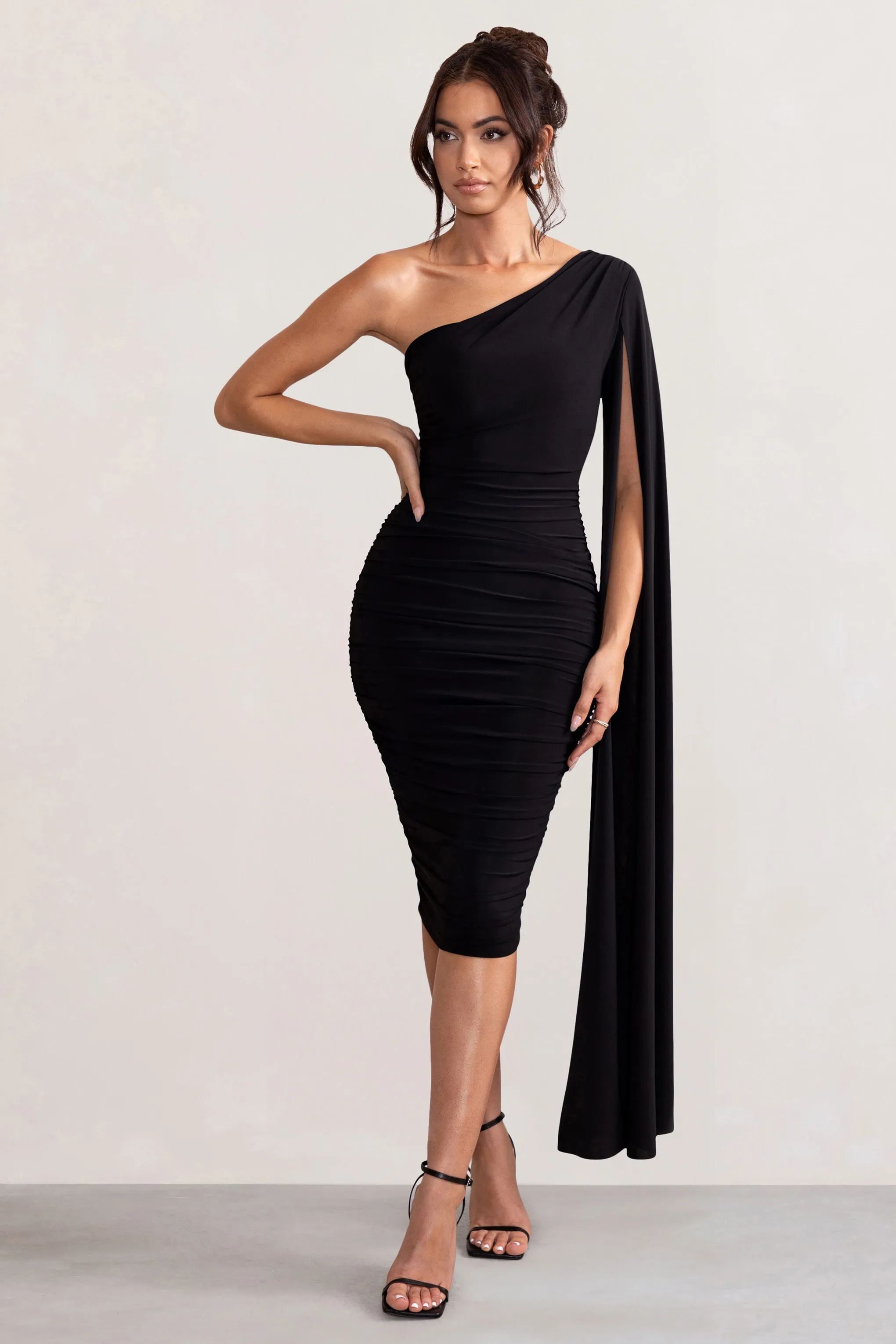 Yara | Black One Shoulder Cape Ruched Midi Dress