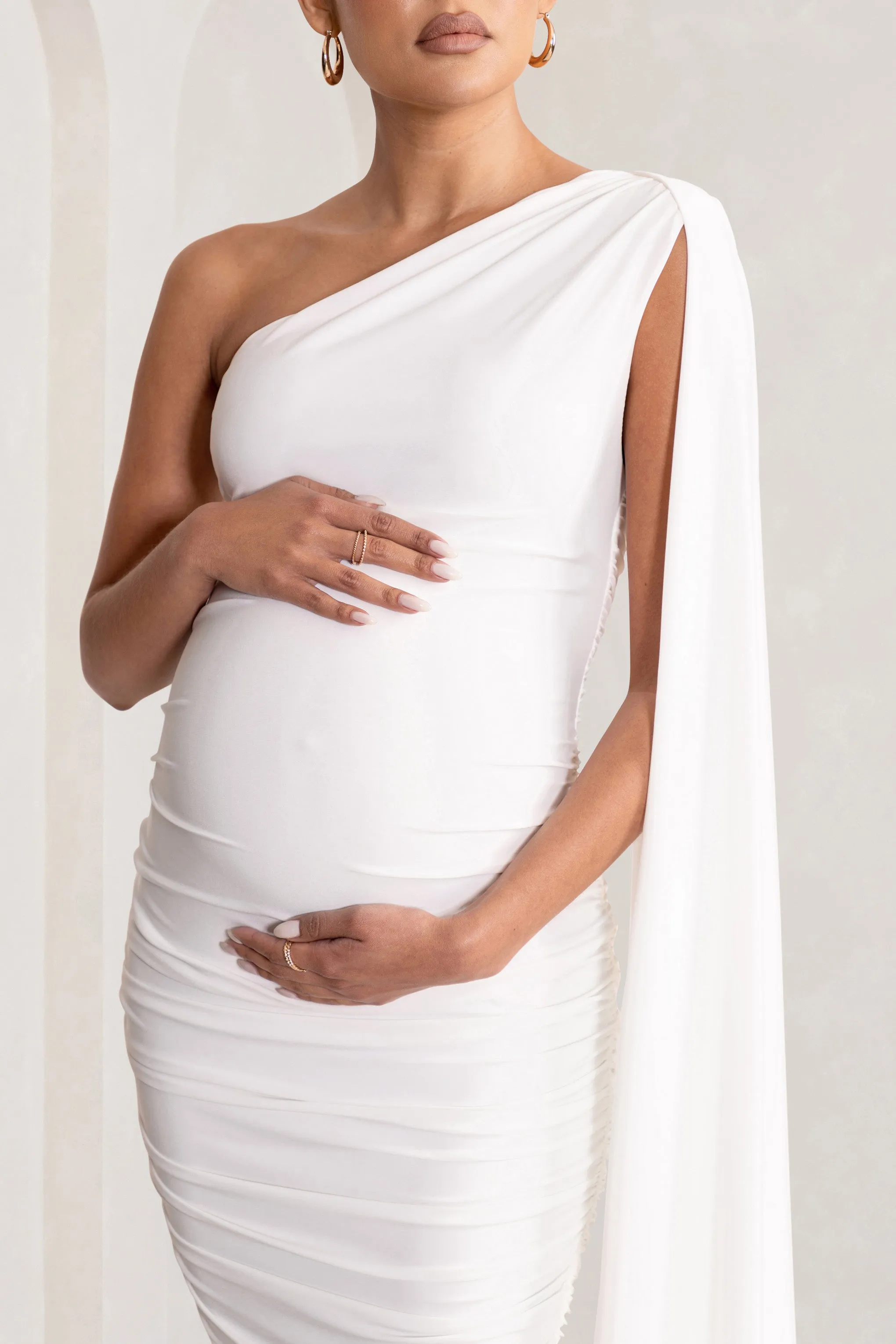 Yara | White One Sleeve Ruched Maternity Midi Dress with Cape Sleeve