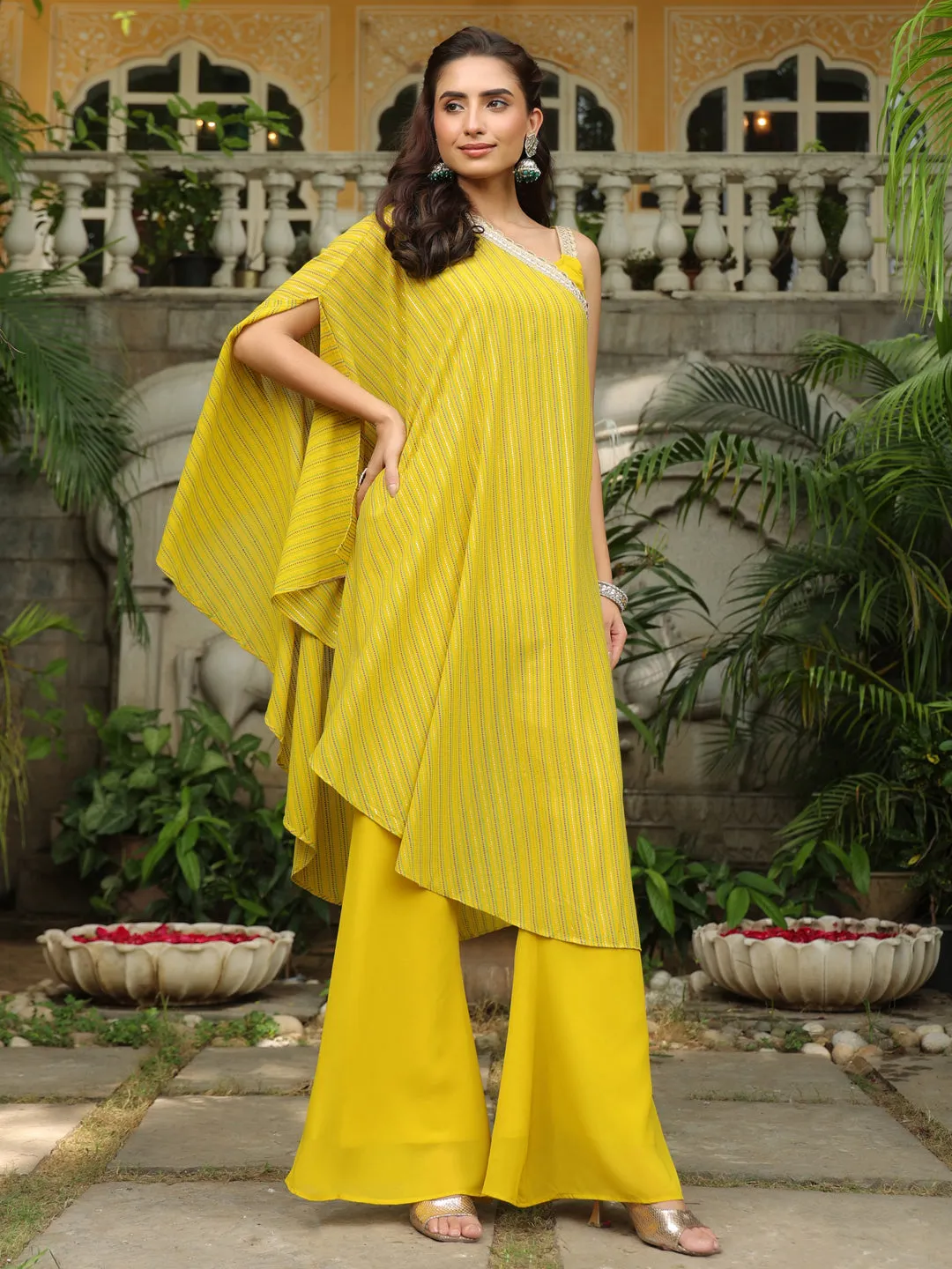 Yellow Embellished Top With Pant and Cape Set