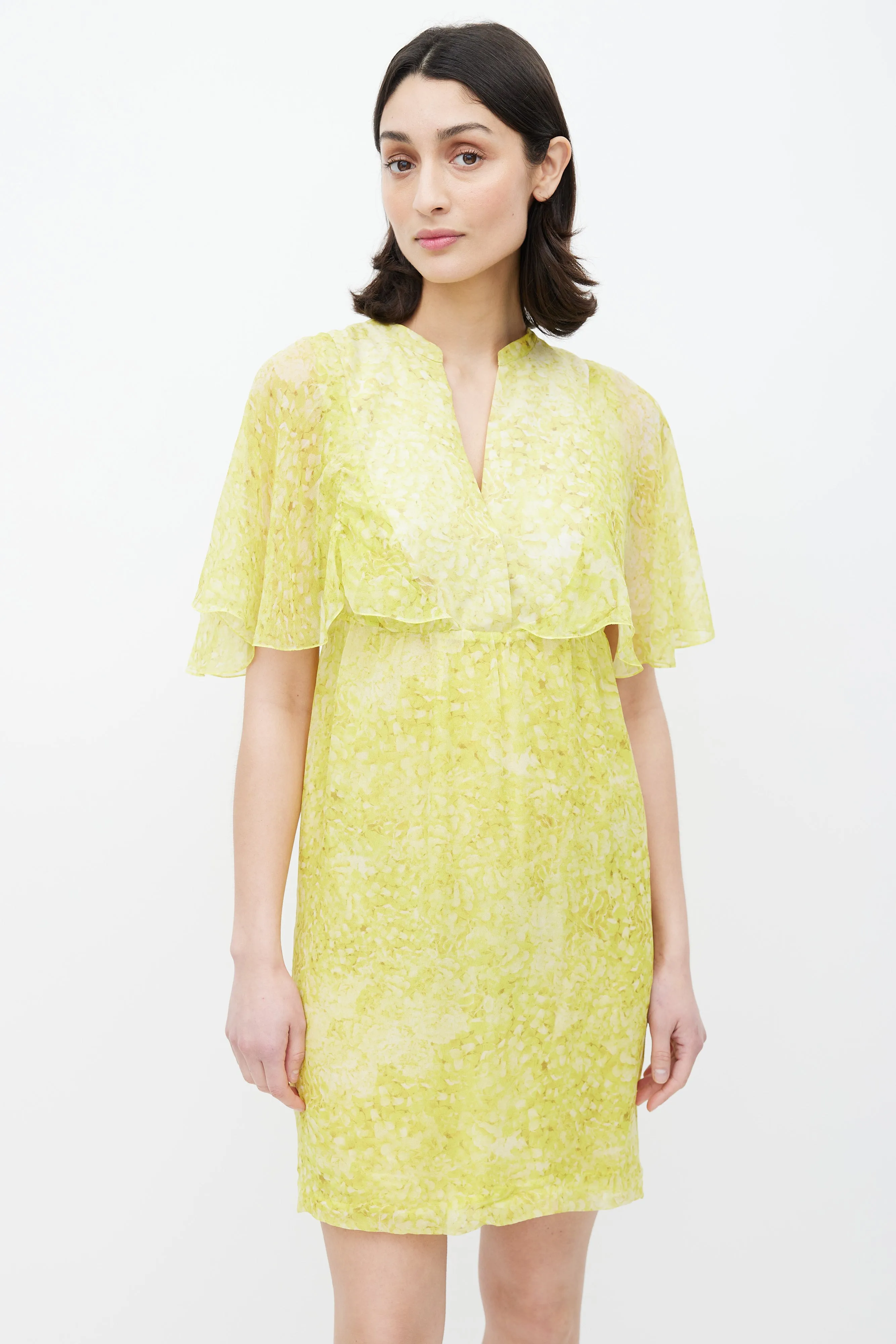 Yellow Floral Sheer Overlay Dress