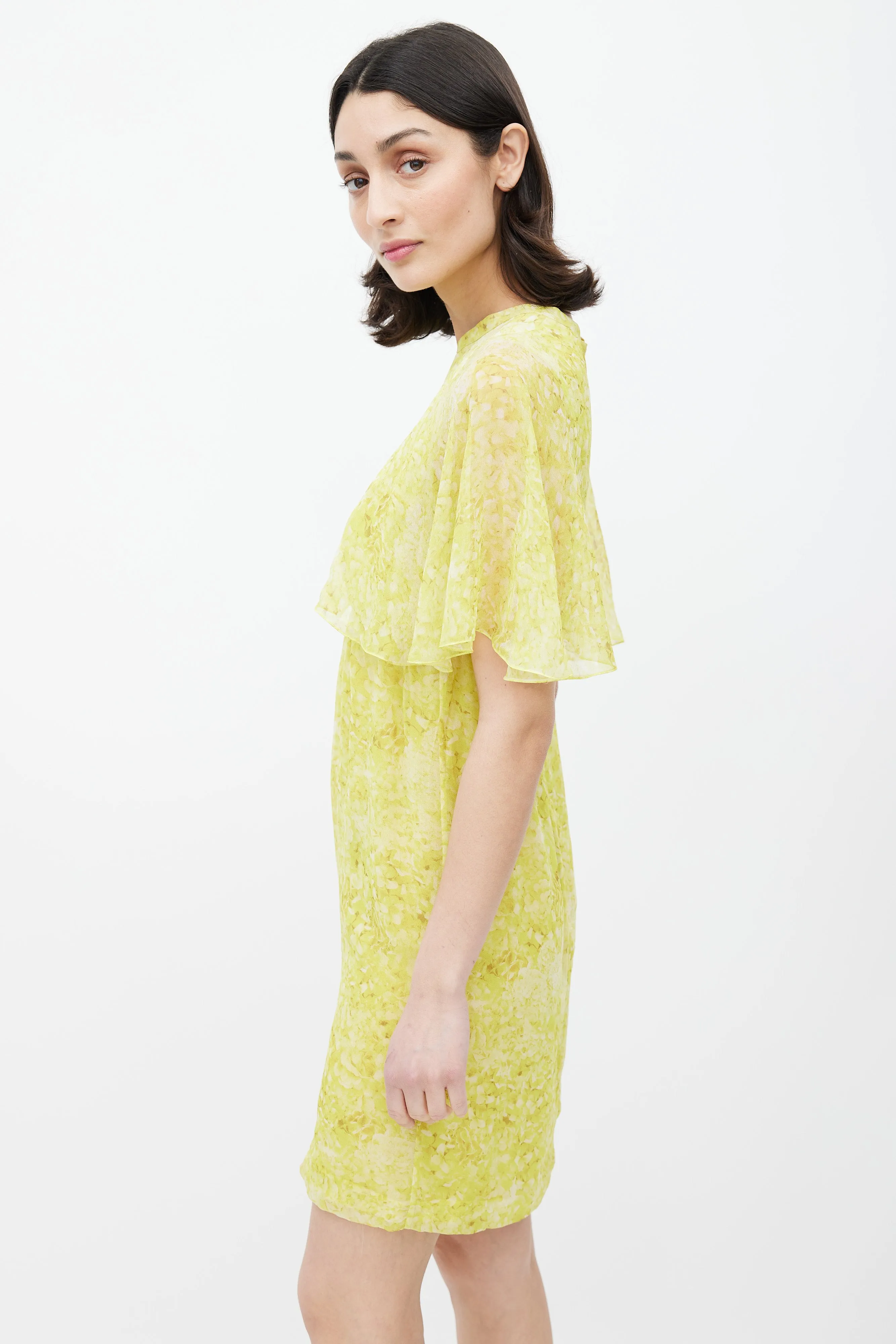 Yellow Floral Sheer Overlay Dress