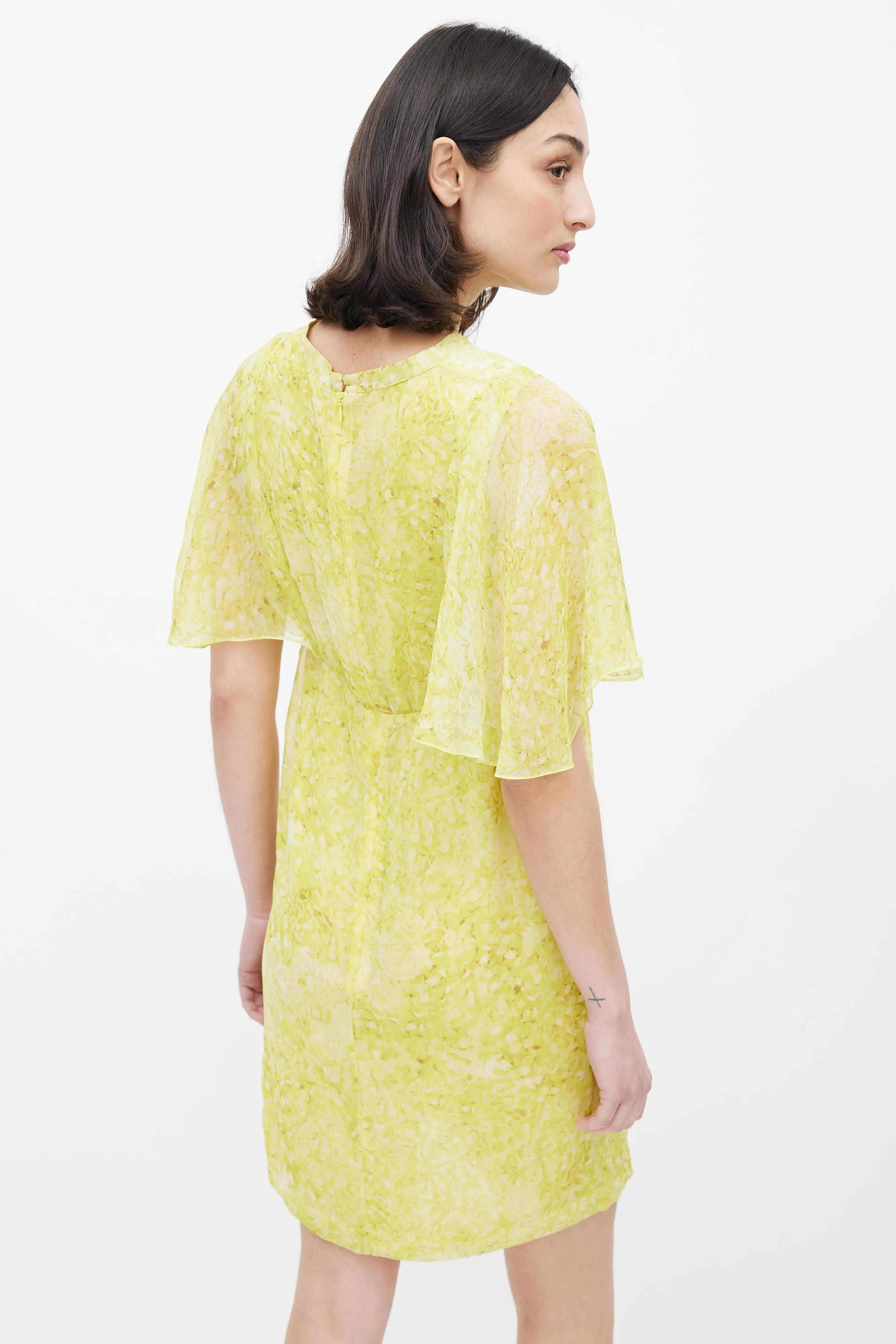 Yellow Floral Sheer Overlay Dress