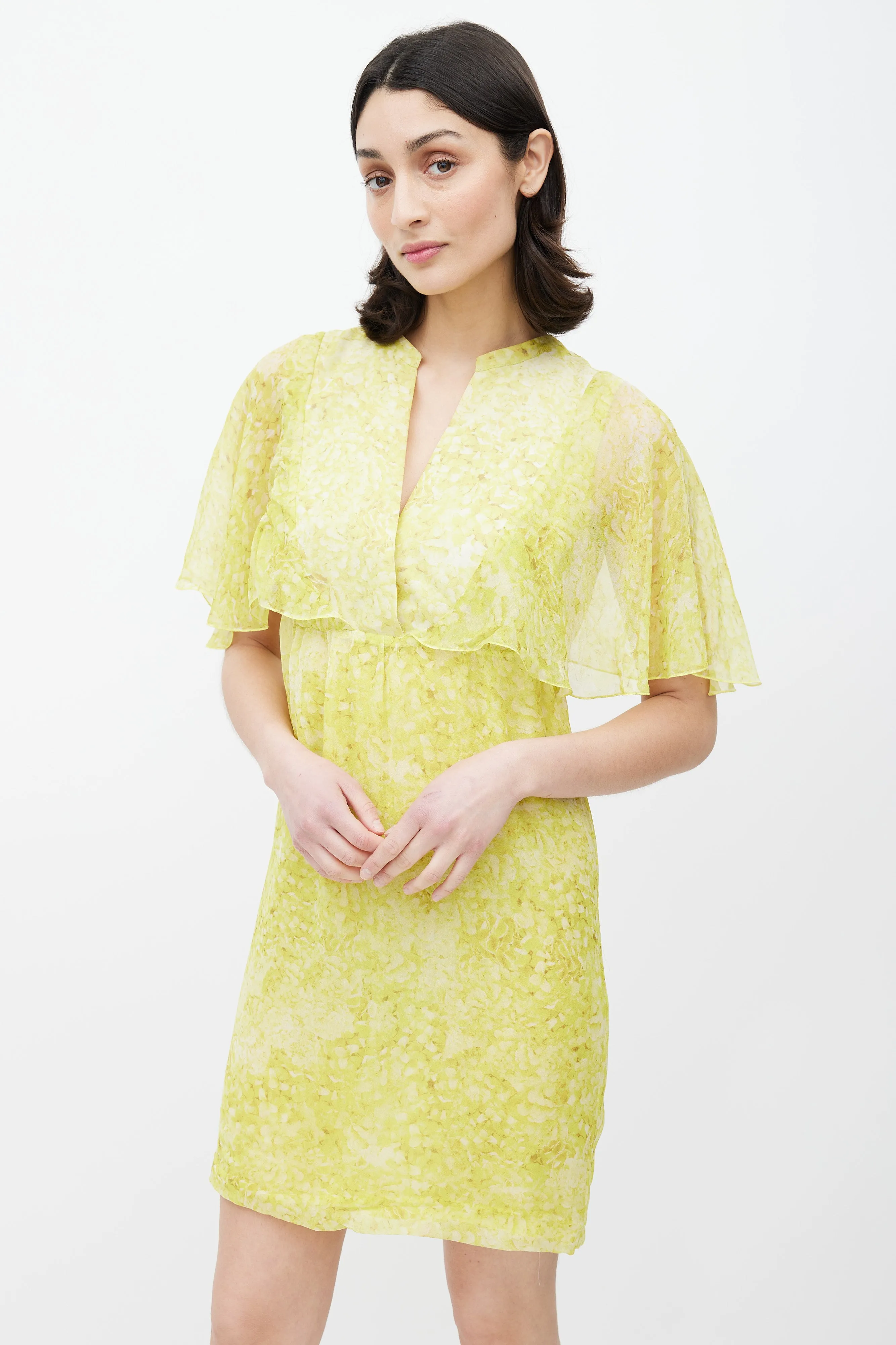 Yellow Floral Sheer Overlay Dress