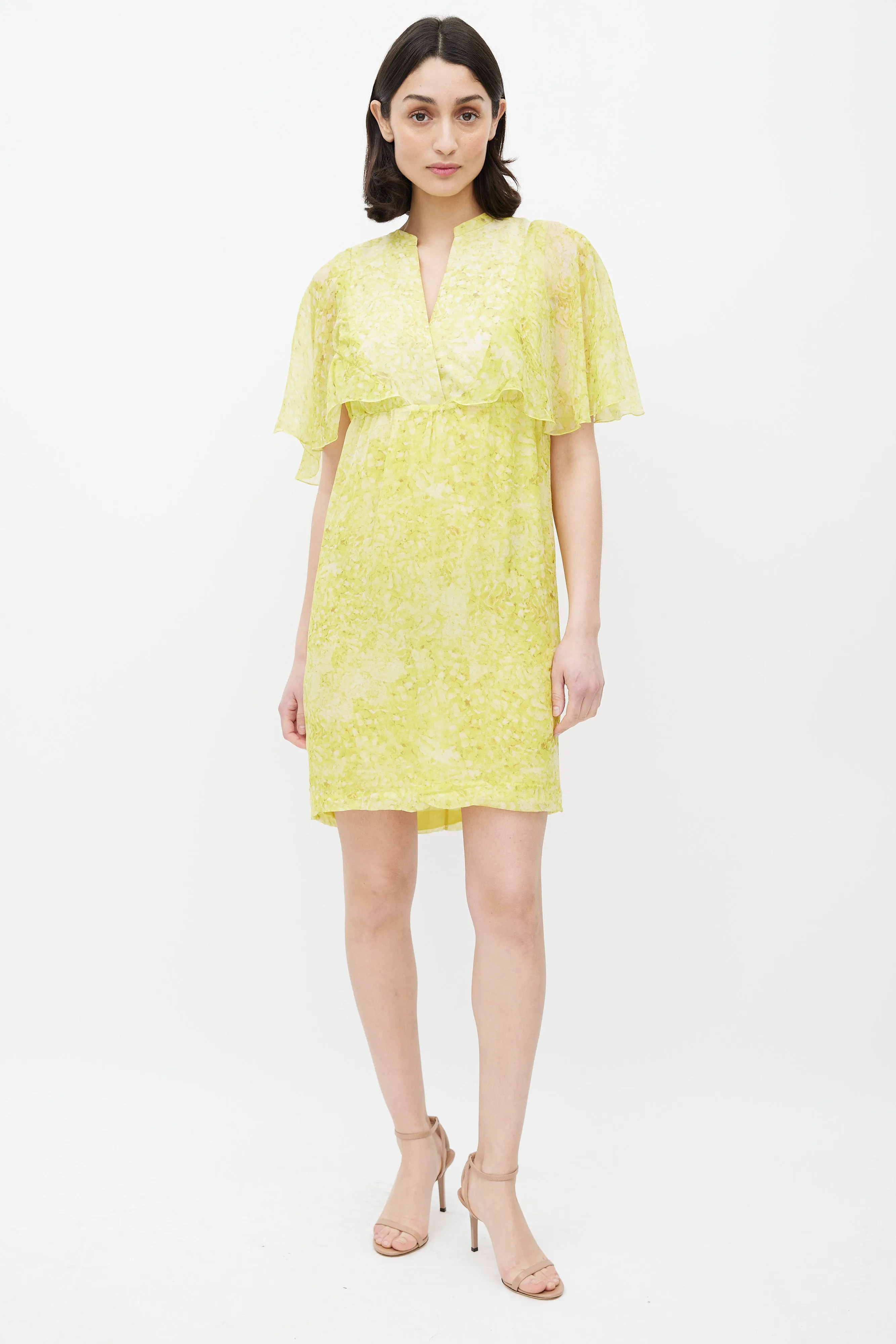 Yellow Floral Sheer Overlay Dress